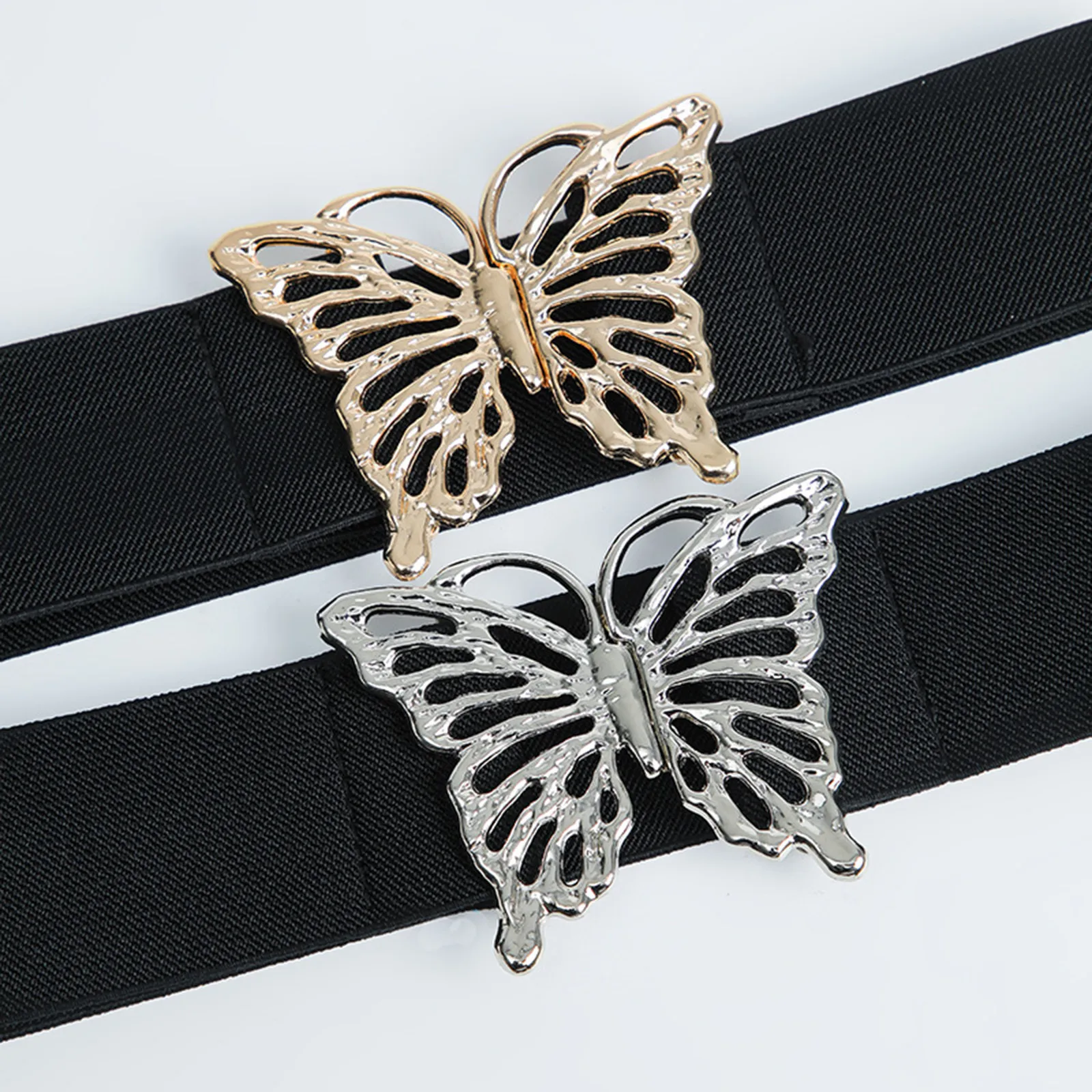 Fashion Vintage Gothic Butterfly Belt Elastic Belts Sliver Golden Buckle Wide Waist Belt For Pants Jeans Dress Stretchy Retro