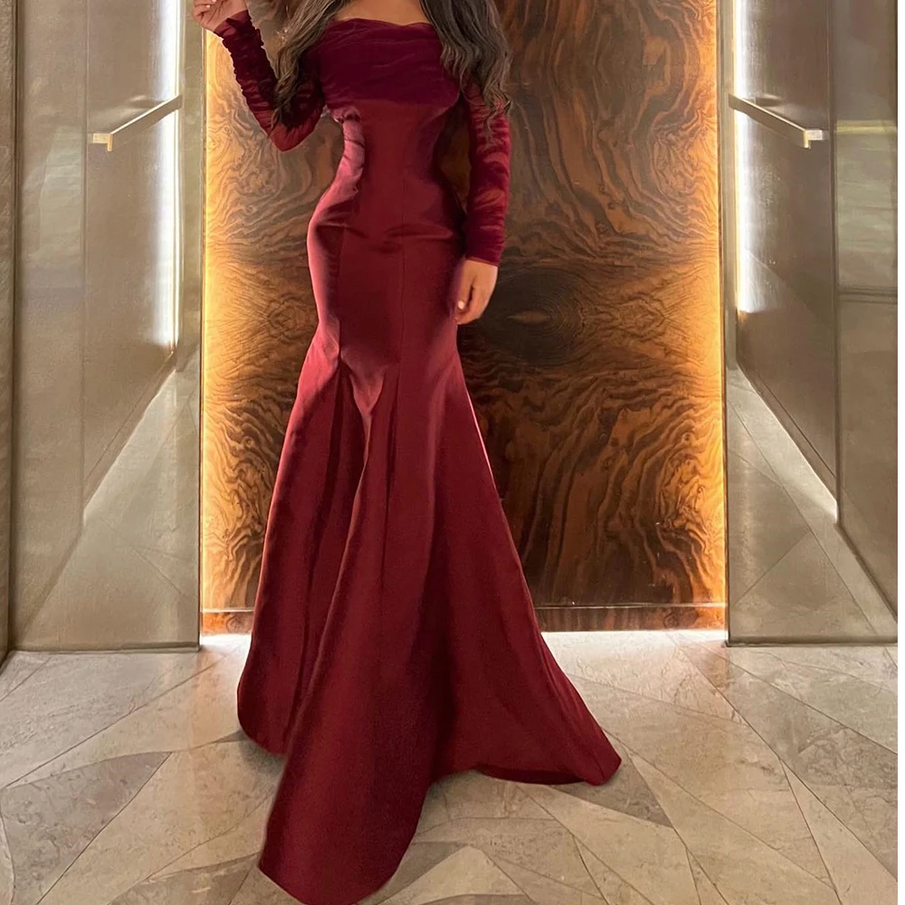 

Customized Satin A-Line Off the Shoulder Evening Dress Boat Neck Floor Length Long Sleeves Panel Train Burgundy Exquisite