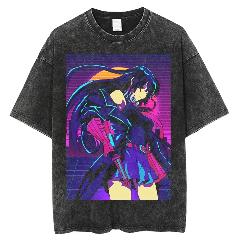 Punk Akame Ga Kill Anime Washed T-shirt Cartoon Print Short Sleeve T Shirt Harajuku Cartoon Summer Oversize Men tops