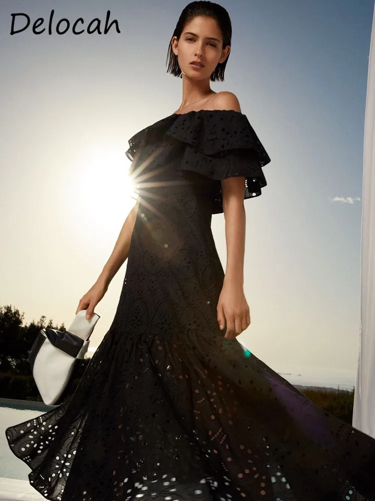 

Delocah High Quality Summer Women Fashion Designer Black Elegant Party Midi Dress One Word Collar Ruffles Hollow Out Dress
