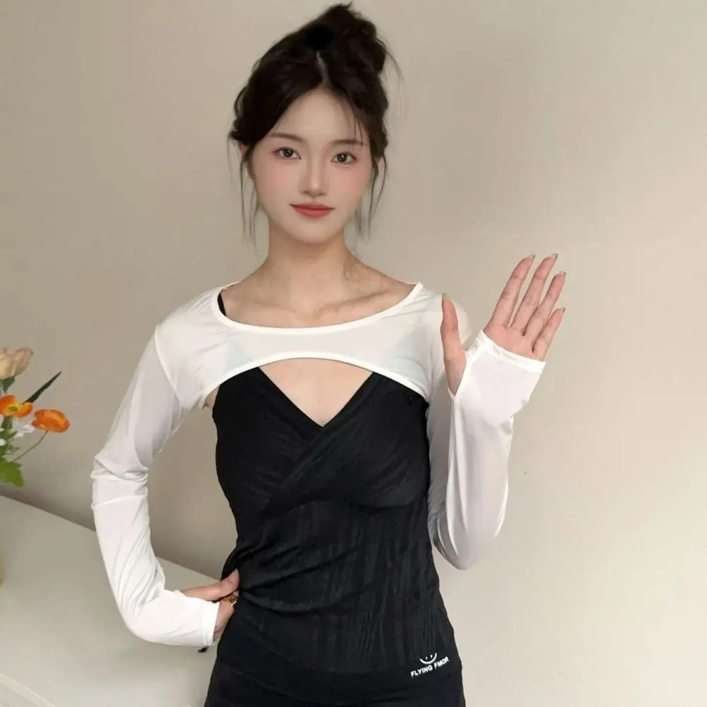 Ultra-thin Long Sleeve Crop Top Quick-Drying Solid Color Long Ice Silk Sleeves UV Protection Short Blouse
