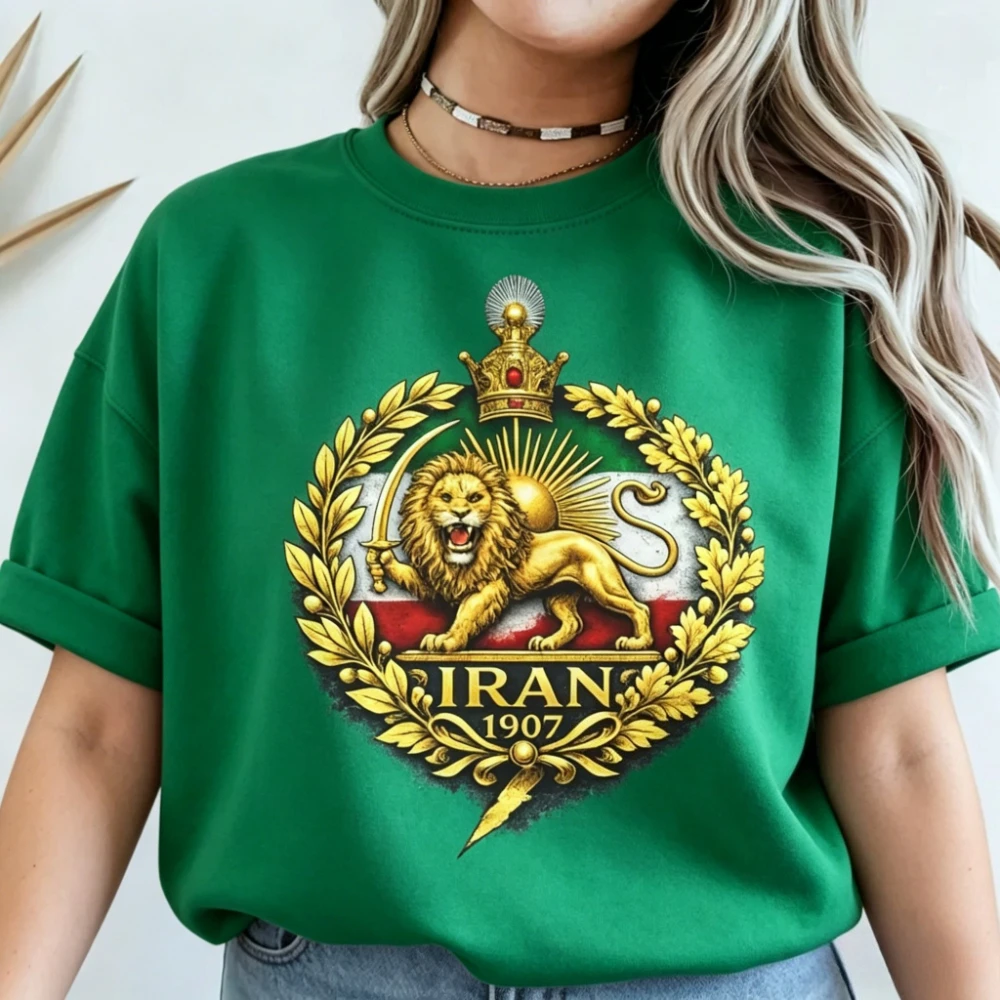 Iran 1907 Lion Sun Emblem Graphic Shirt Women Cotton Short Sleeve Vintage Royal Persian Crest Gold Embossed Badge Style Tshirt