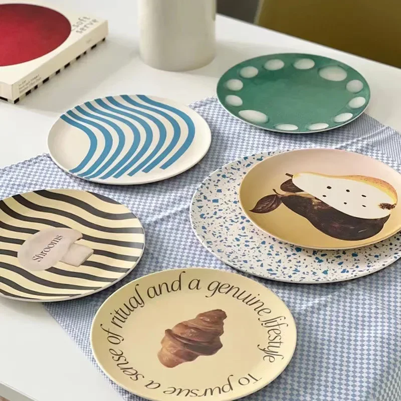 1PC Bamboo Fiber Plate Breakfast Fruit Dessert Salad Plate Nordic Style Cartoon Cute Tableware Household Goods