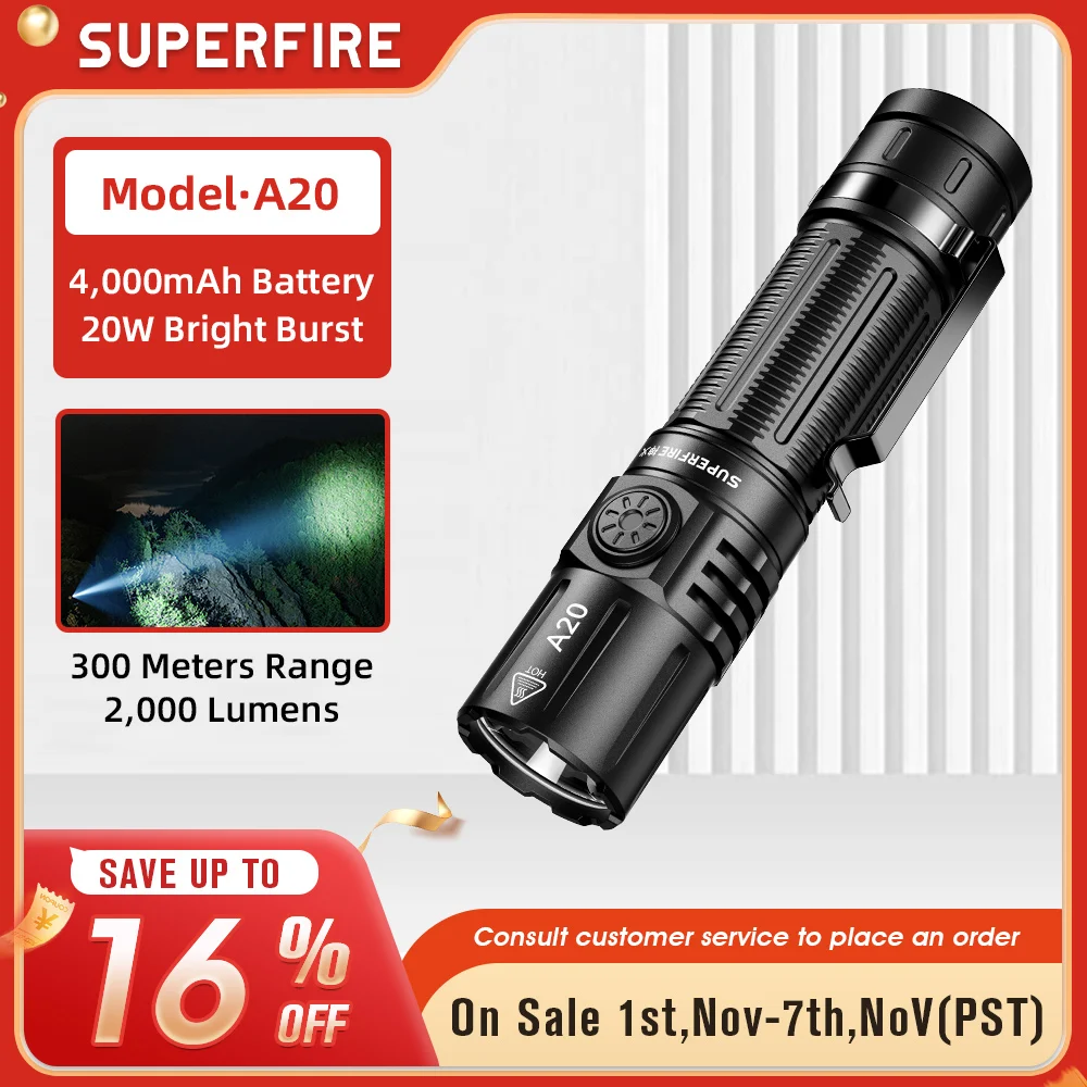 SUPERFIRE A20 Tactical Flashlight 2000LM Powerful LED USB C Rechargeable Torch 21700 with Memory Function, SST40 Outdoor Light