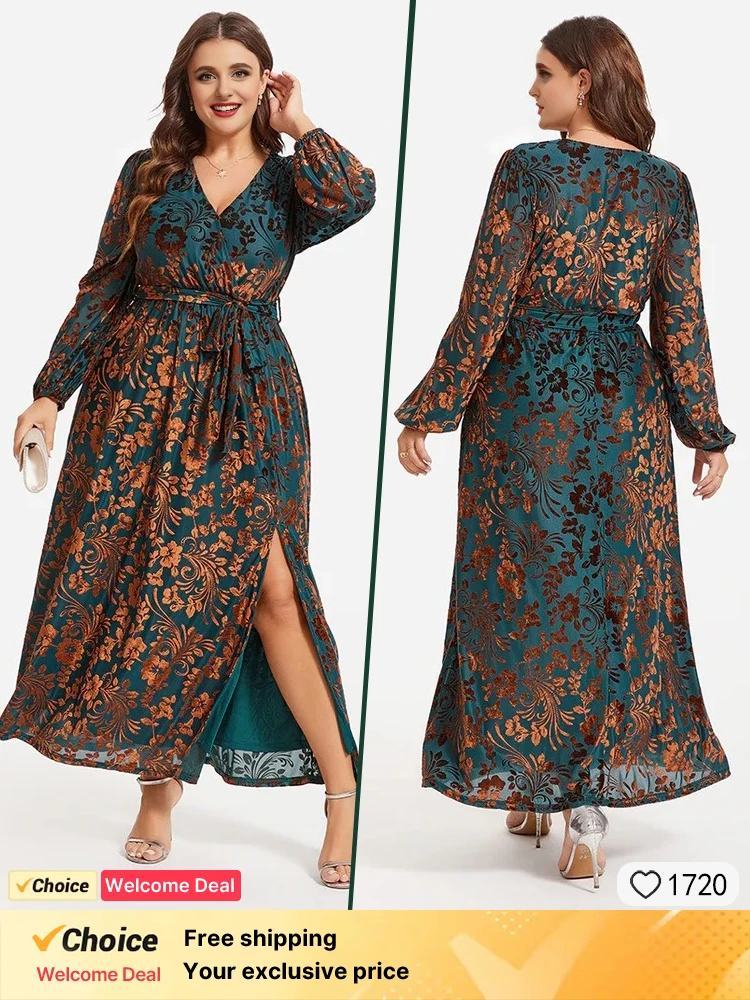 2025 New Green Velvet Ball Evening Dress Fashion and Leisure Large Women's Dress New Elegant Printed V-neck Long sleeved Dress