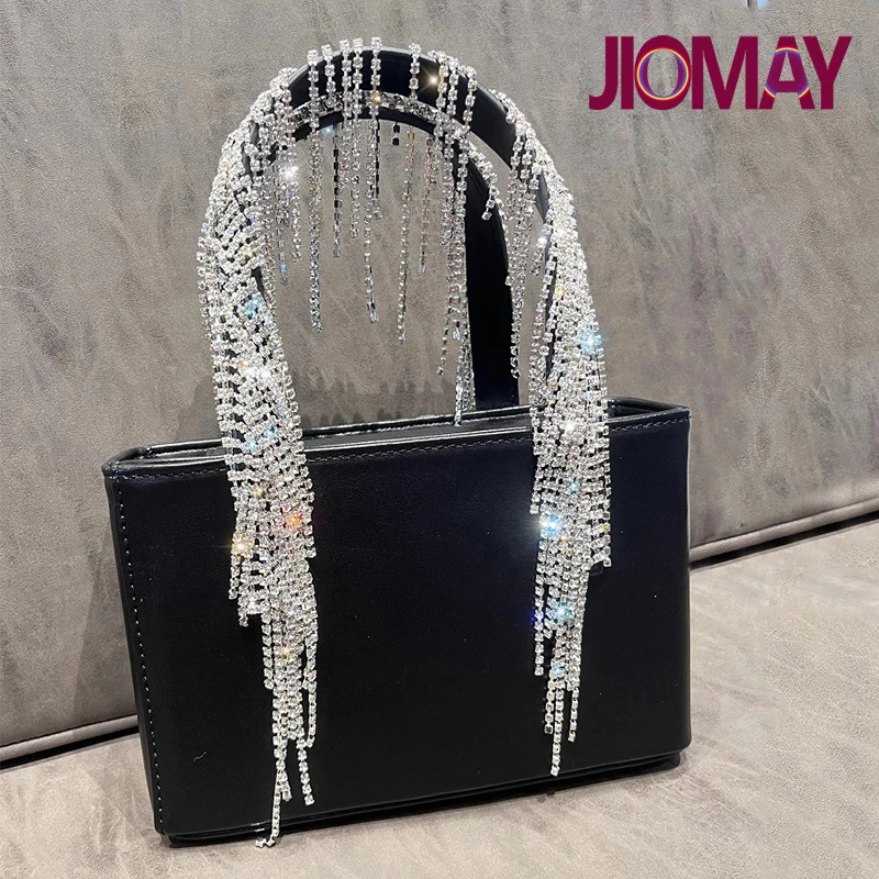 JIOMAY Ladies Crystal Tassel Purse Luxury Designer Handbags Shining Rhinestone Bag for Women 2024 Mini Black Tote Bag with Chain