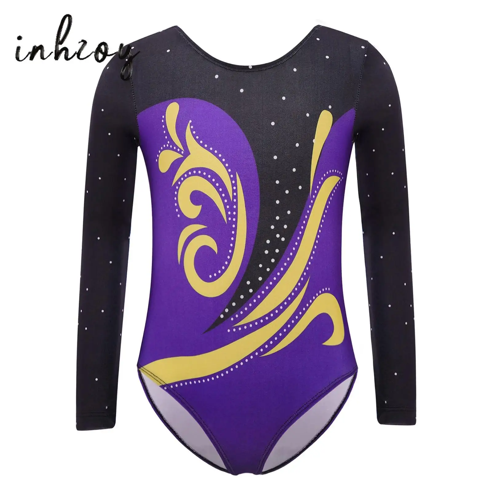 

Kids Girls Rhythmic Gymnastics Leotards Figure Skating Dance Costume Round Neck Long Sleeve U Back Color Block Printed Bodysuit