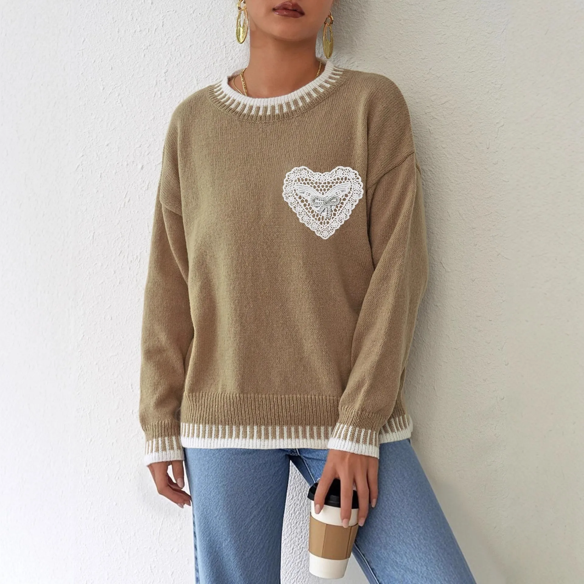 

Color Blo Lace Casual Sweater Women's Overhead irt Street Sle Dstring Long Sve round Ne Mid-Length
