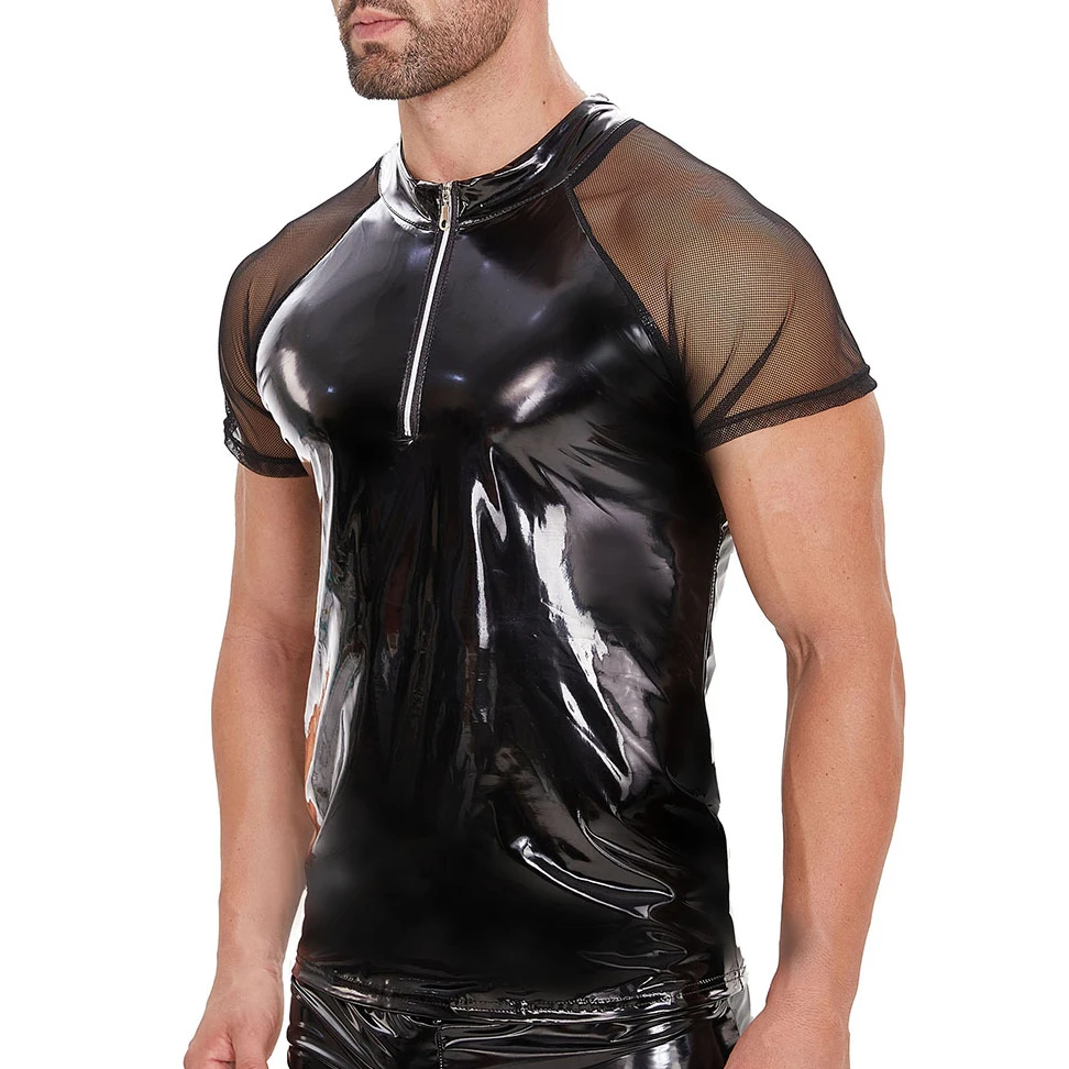 Men Black Wet Look Mesh PVC Leather Shirt Tops Short Sleeve Half Front Zipper T-Shirts Male Clubwear Latex Dance Stage Costumes