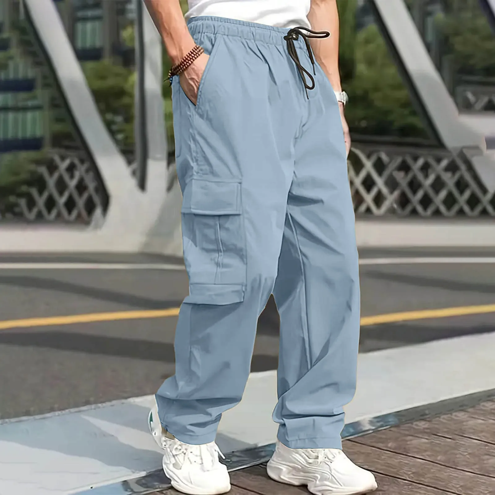 Men'S Solid Color Casual Long Pants Drawstring Pocket Cargo Pants Men'S Casual Simple All-In-One Pants Fashion Street Style Pant