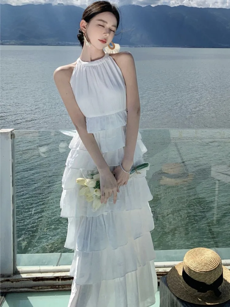 

Women Summer Fashion Ruffles Midi Dress White Halter Sleeveless Slim Waist A Line Vestidos Casual Holiday Beach Party Sundress