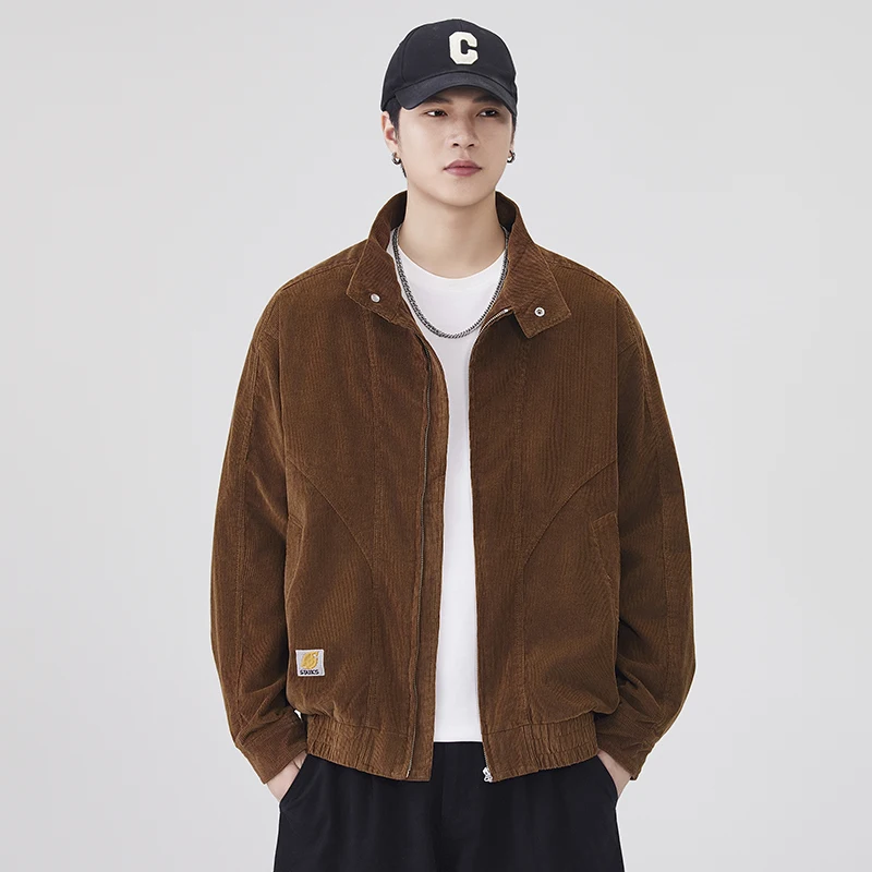 الرجال الوقوف طوق الكورية أزياء الشارع الشهير فضفاضة عارضة خمر البضائع سترة ملابس خارجية الخريف سروال قصير التطريز معطف #5