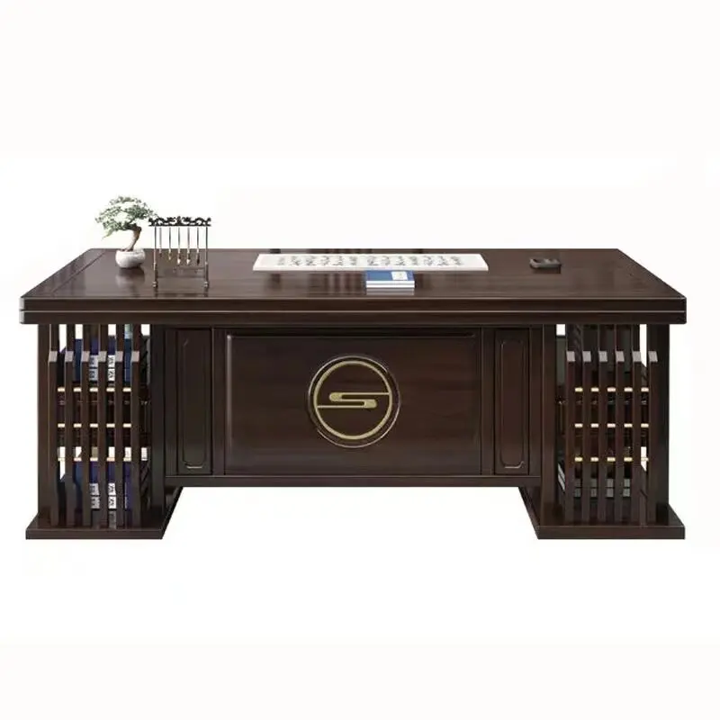 #New Chinese Style Solid Wood Desk-Rounded Corner Mortise & Tenon Joints Shelves-Study Room Computer/Calligraphy Writing Desk