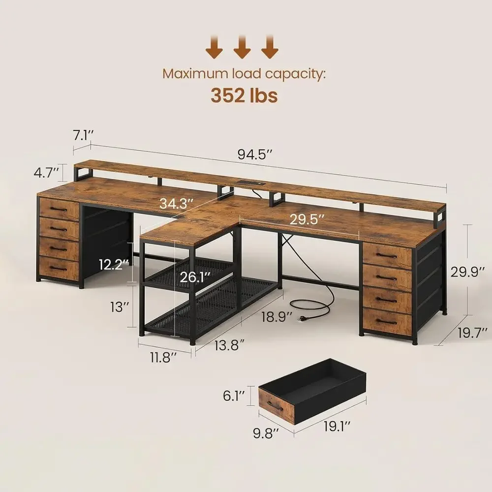 Rustic Brown 94.5 Dual-Person Gaming Desk with 8 Drawers, LED Lights, Storage, Power Strip, and Monitor Stand