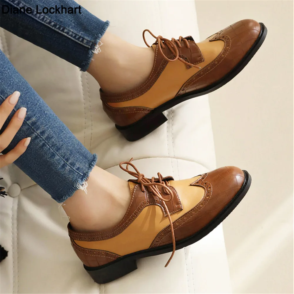 2024 Fashion Spring Autumn Oxford Flats Woman Lace-up Round Toe Loafers Leather Derby New British Ladies Thick Heel Shoes 34-43