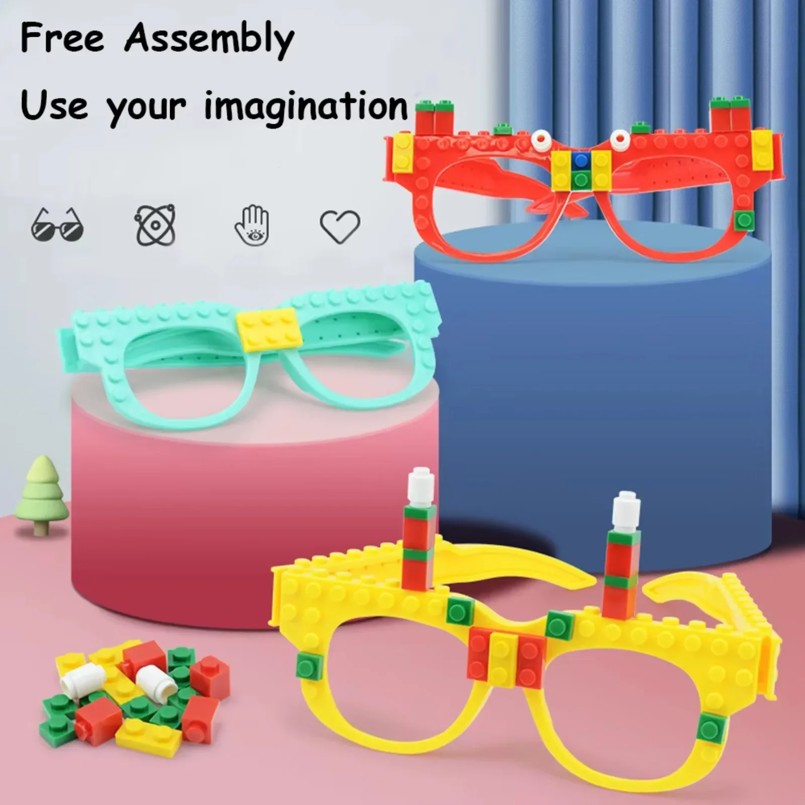 مكعبات بناء نظارات إطار اللوح الأساسي نظارات مقلدة يمكن ارتداؤها DIY لعبة إبداعية ألغاز ملونة جزيئات صغيرة هدية للأطفال