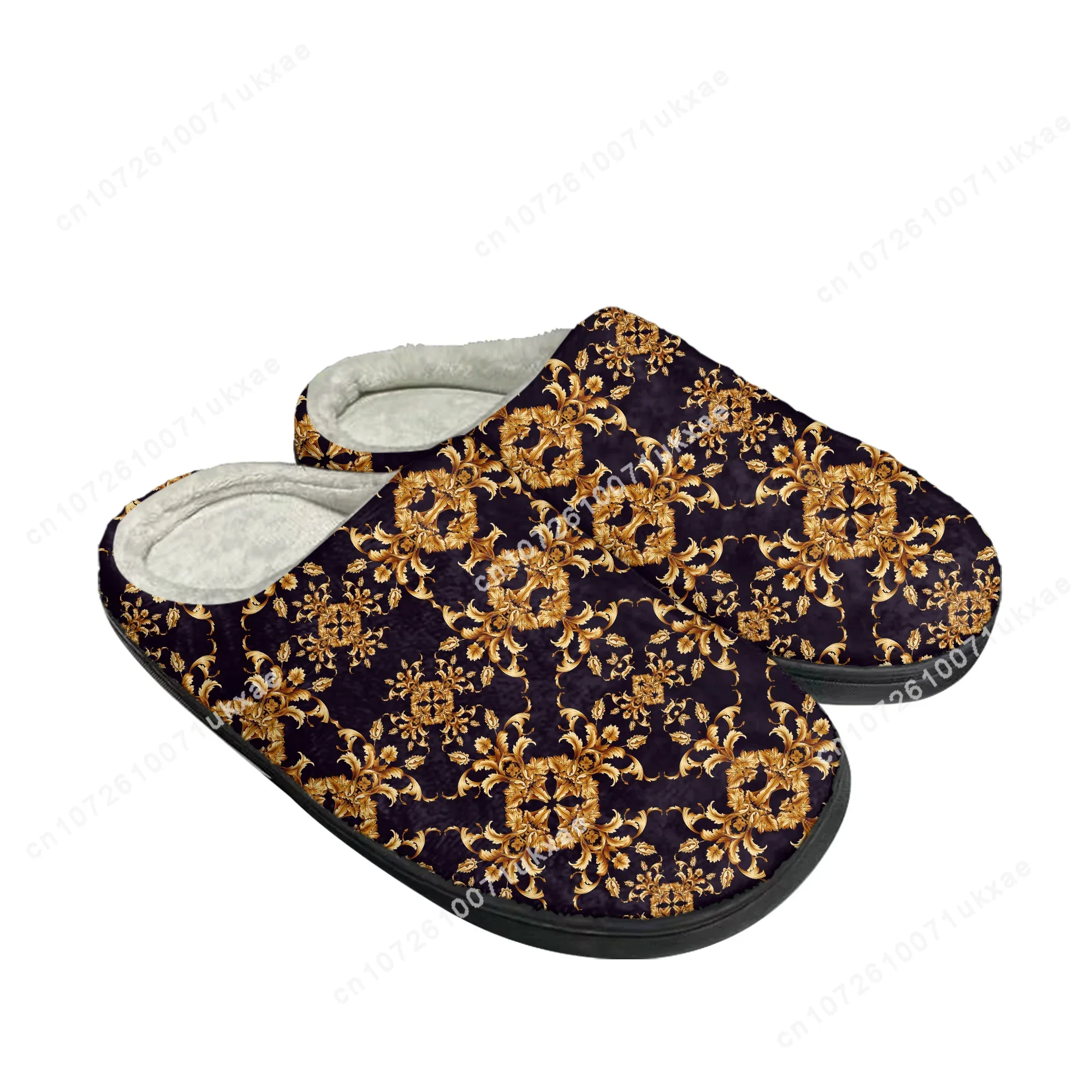 Luxe Gouden Gebloemde Barokke Katoenen Slippers Heren Dames Pluche Slaapkamer Casual Houd Warme Schoenen Thermisch Slipper Custom Schoen