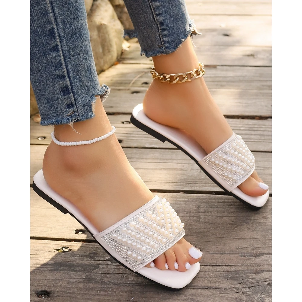 Outdoor Summer Women Rhinestone Beaded Decor Slippers Wide Strap Square Toe Flats Fashion Casual Going Out Vacation Sandals