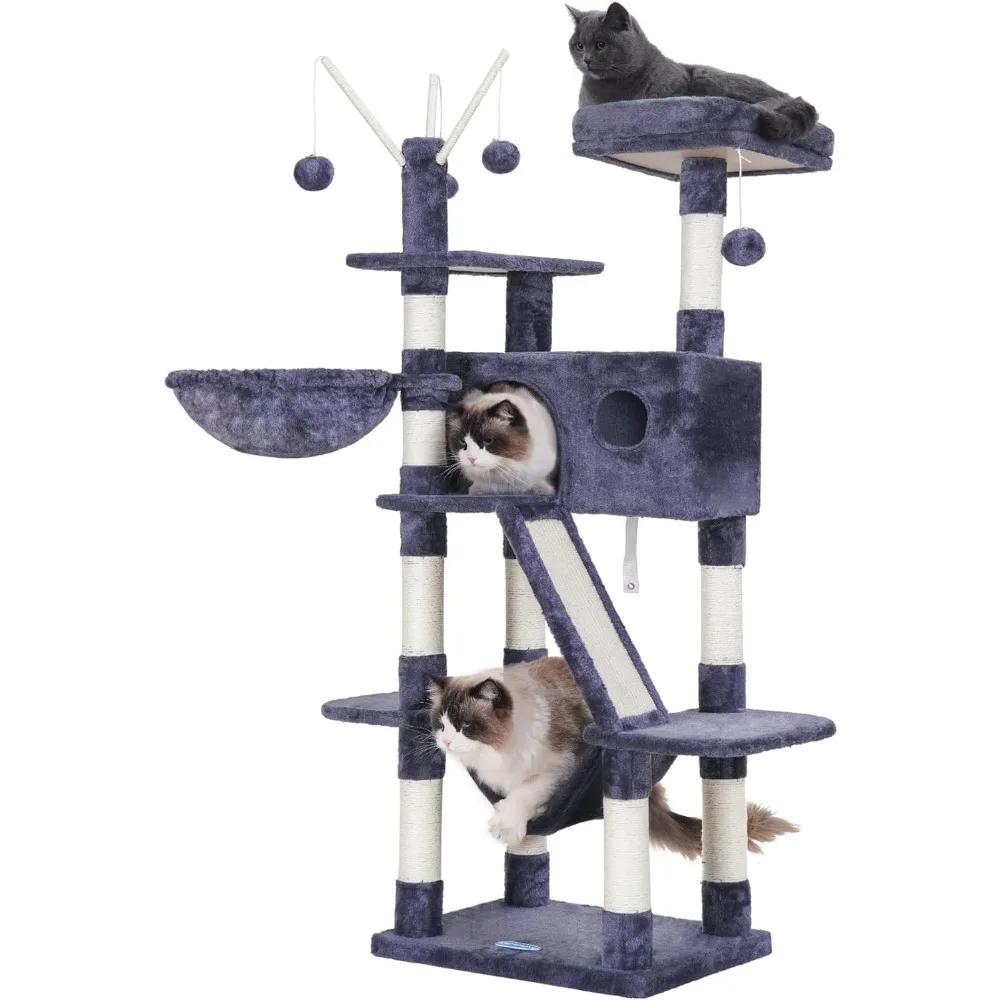 Cat Tree, 61 inch Cat Tower for Indoor Cats, Cat House with Padded Platform Bed, Toy Balls, Large Cozy Condo, Posts, Smoky Gray