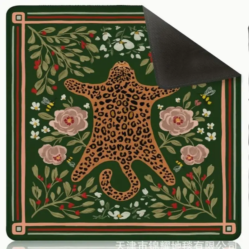 Retro Leopard Flower Bee Plant Printing Mahjong Game Table Mat Anti-Slip Noise Reduction for Home Party Card Playing Decor