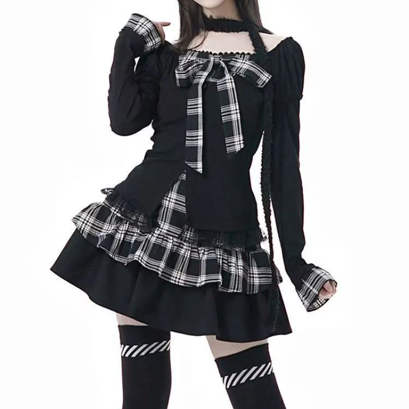 

Japanese Dark Preppy Style Lolita Skirt Set Women Sweet Cute Bow Coat Tops Vintage Plaid Mini Cake Skirts Female Gothic Y2k Suit