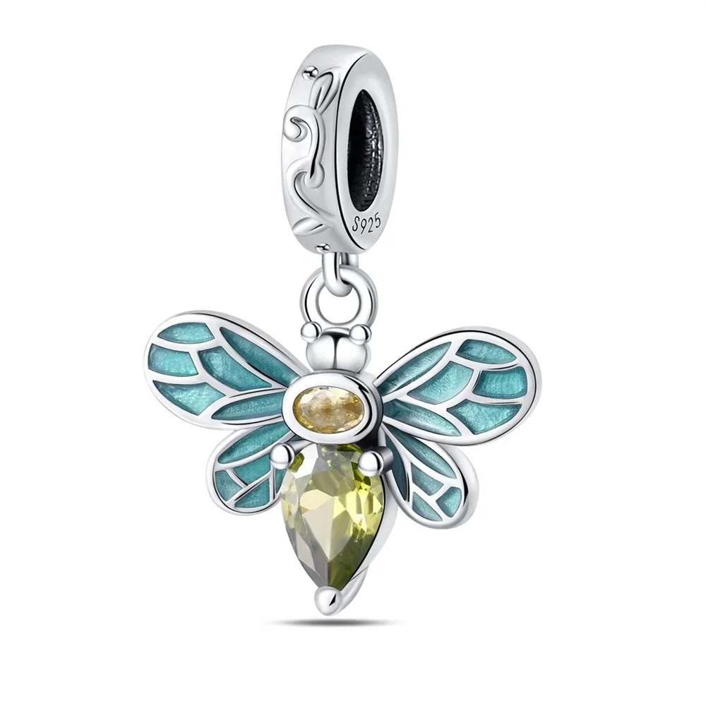 

Actual 925 Sterling Silver Green Textured Fresh Bee Charm Fit Pandora Bracelet Women's Spring Garden Jewelry Accessories