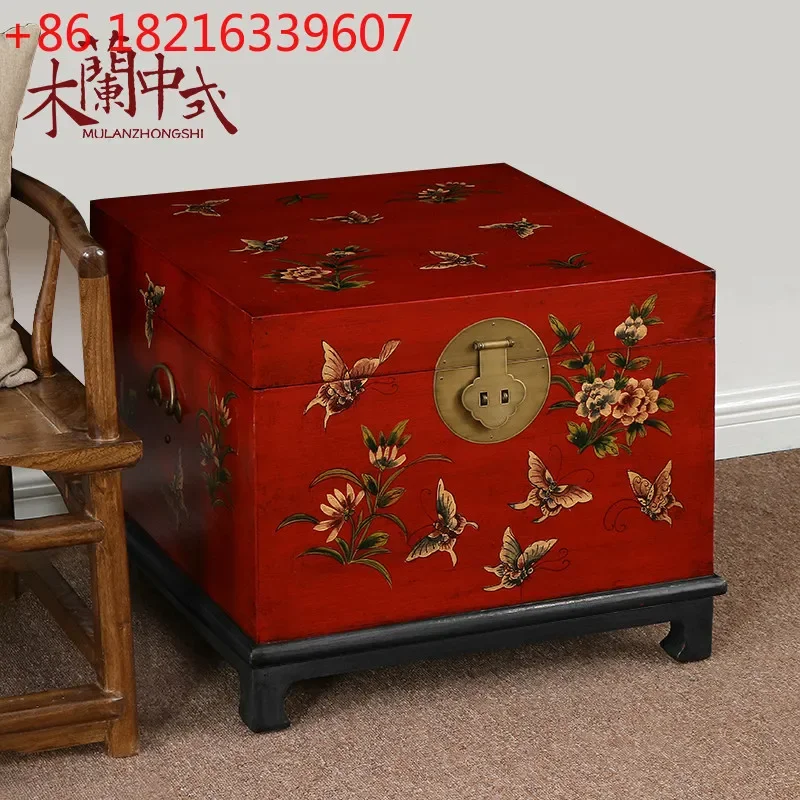 TAO  New Chinese painted box, antique solid wood living room, sofa side table, dowry square box, official box vintage