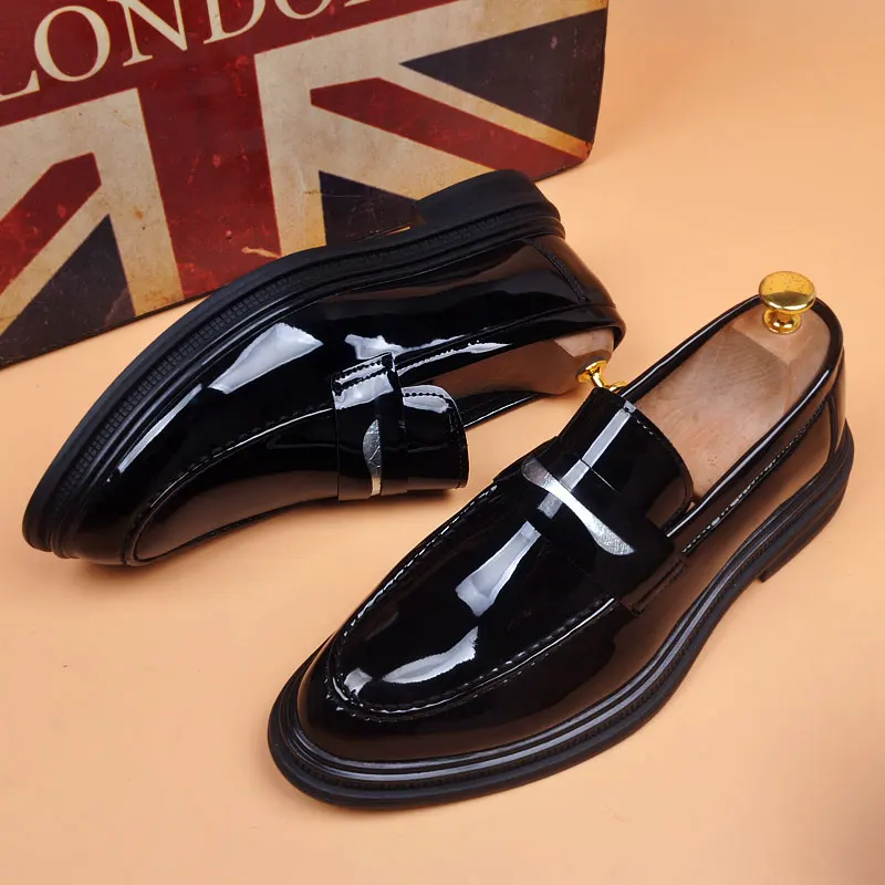 men fashion patent leather shoes slip-on driving shoe business wedding formal dress black stylish brand designer loafers zapatos