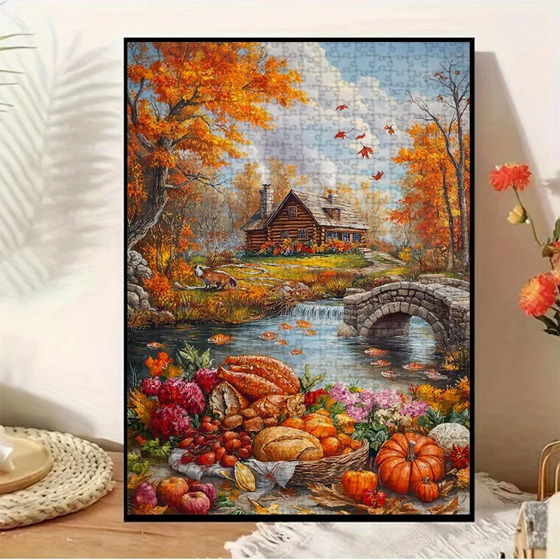 1000 قطعة من أحجية الصور المقطوعة للبالغين - كابينة سجل الخريف بواسطة نهر مع أوراق الخريف والقرع والتوت - دورا ممتازة مقاومة للخدش
