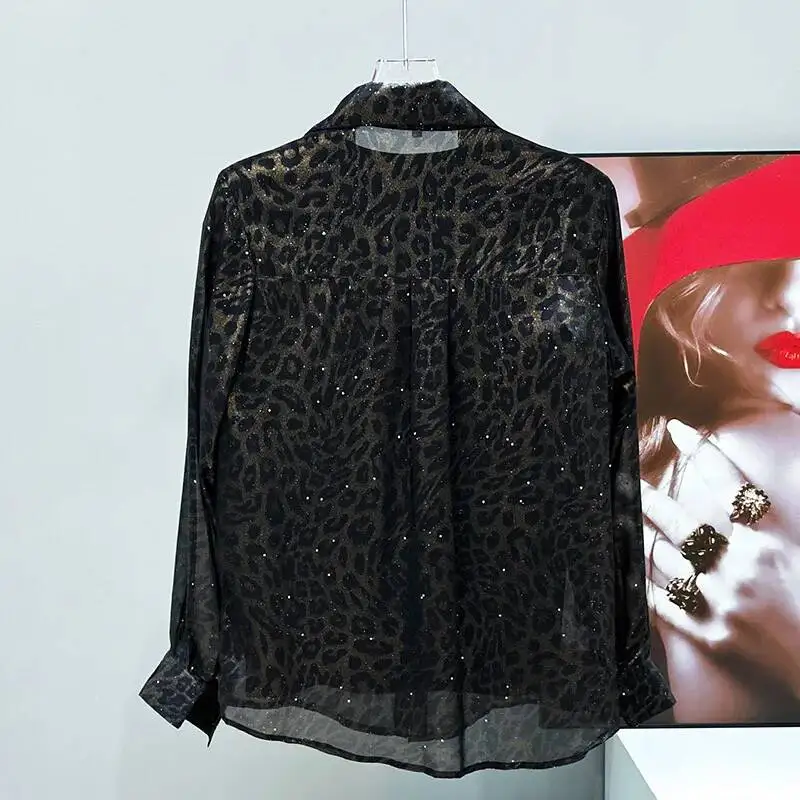 Summer Design Mesh Leopard Pattern Men's Shirt Loose Thin Long Sleeve 2025 Turn-down Collar Male Tops BSDR3