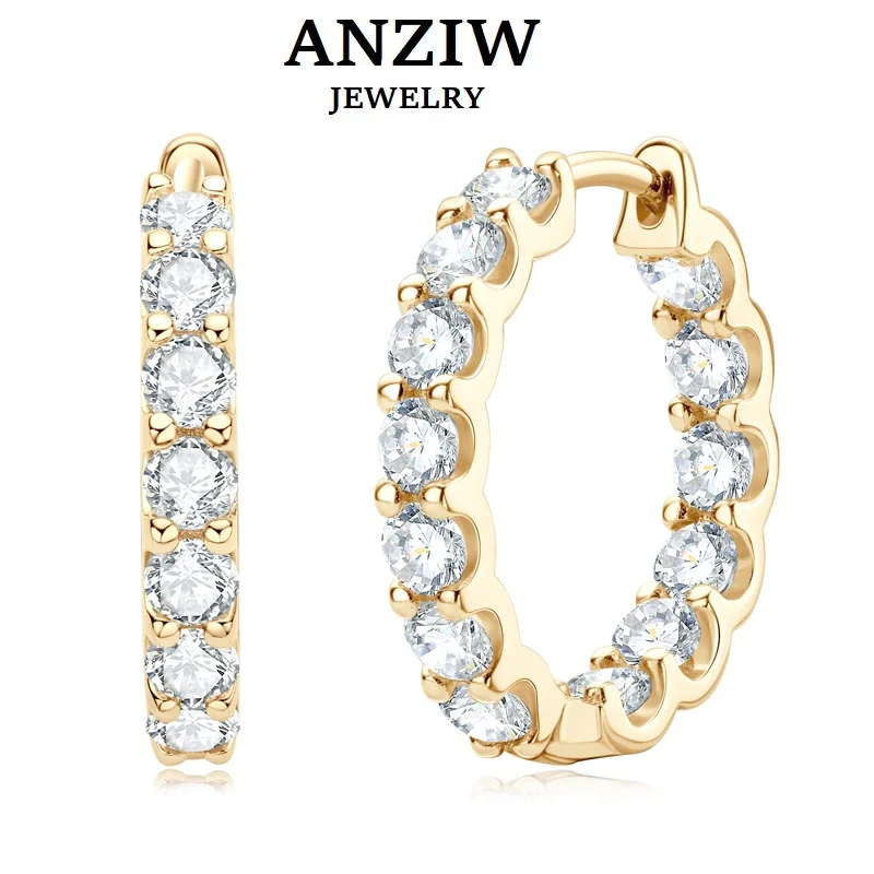 Anziw-pendientes de aro de moissanita completa para mujer, de 3mm, D VVS1, Plata de Ley 925, chapado en oro amarillo de 14 quilates, joyería de moda 2023