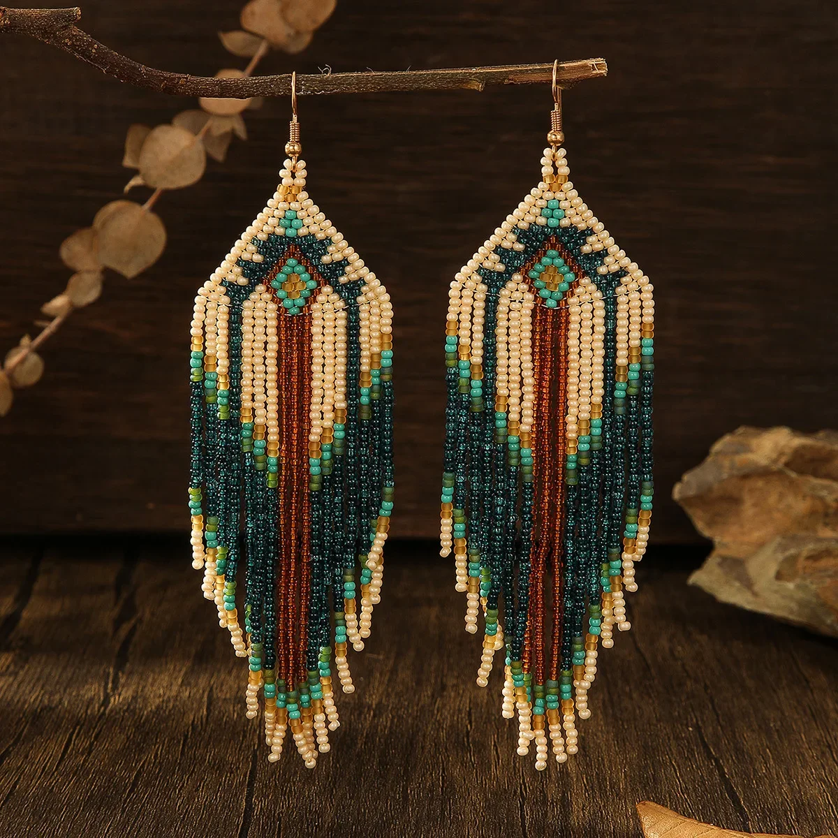 Rice bead earrings Tassel Originality Gradient Geometry Design Hand knitting Bohemia Alloy Fashion Simple Beaded earrings