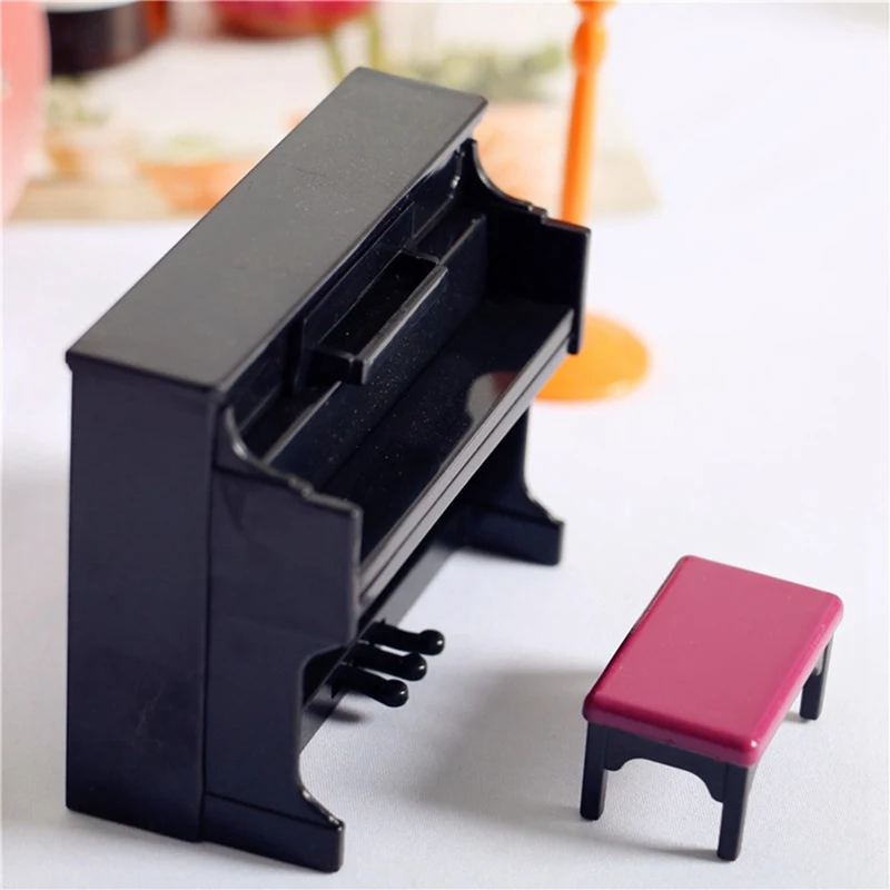 Miniature Piano Set 1/12 Dollhouse Mini Musical Piano with Stool Piano Score Instrument Model for Kids Gift Home Decoration