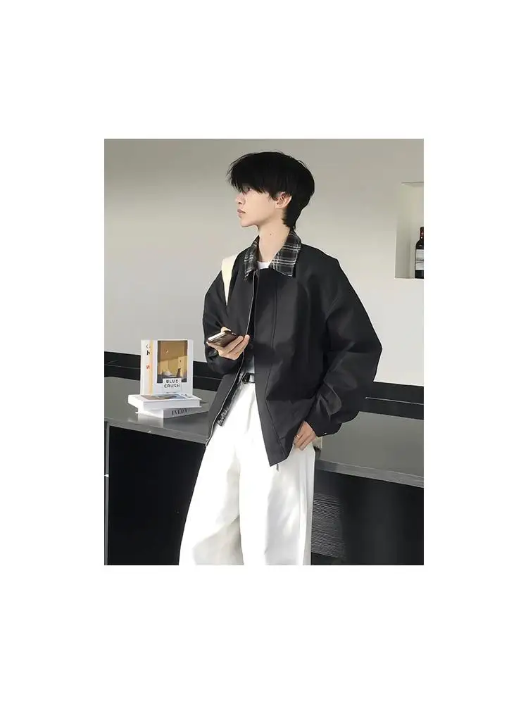 

Американский ретро клетчатый джет, искусственный двухсекционный джет, мужской осенне-зимний уличный хаоме, свободный воротник-пилот