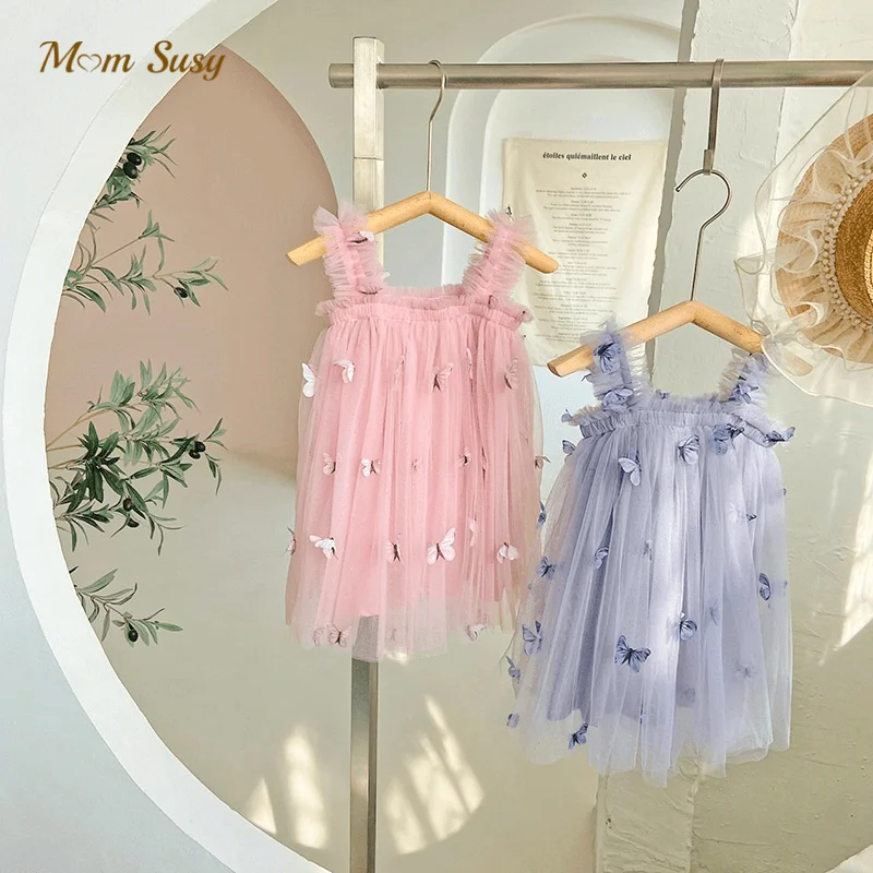 Moda dziewczynka pasek księżniczki motyl Tutu sukienka niemowlę maluch dziewczyna letnia Vestido Party urodziny ubranka dla dzieci 1-7Y