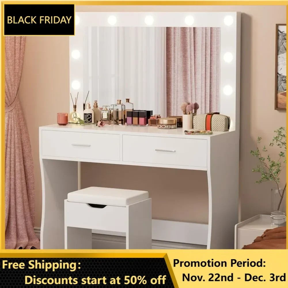 

Vanity Desk Set with Large Lighted Mirror, 35.4 Inch Makeup Vanity Table with 2 Drawers, Cushioned Storage Stool, Bedroom Vanity