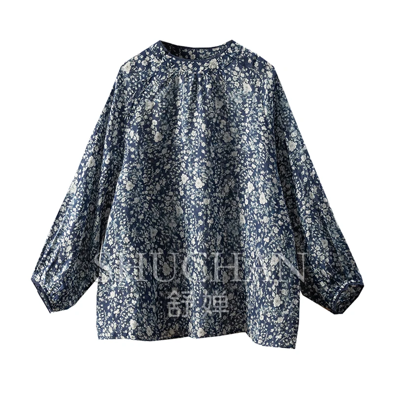 

2025 Ramie Retro Literary Floral Lantern Sleeve Stand-up Collar Shirt New Female Long Sleeve Top and Blouse Women