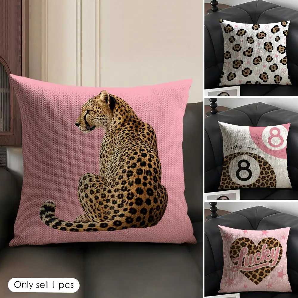 Pink Lucky Number Leopard Print Cushion Cover Skin-Friendly Organic Linen Pillow Cover Durable Hypoallergenic Washable Soft