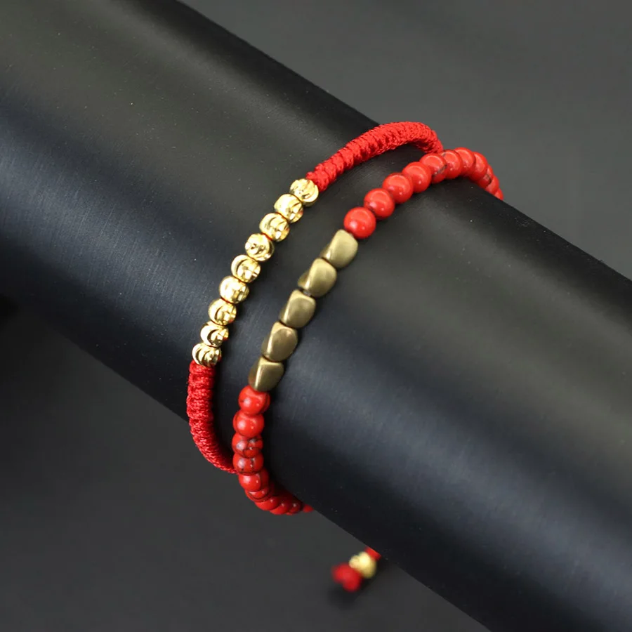 

Lucky Red Rope 2Pcs/Set Bracelet Unisex Gold Color Beads Natural Stone Beaded Handmade Jewelry Leisure Couple Accessories Joias