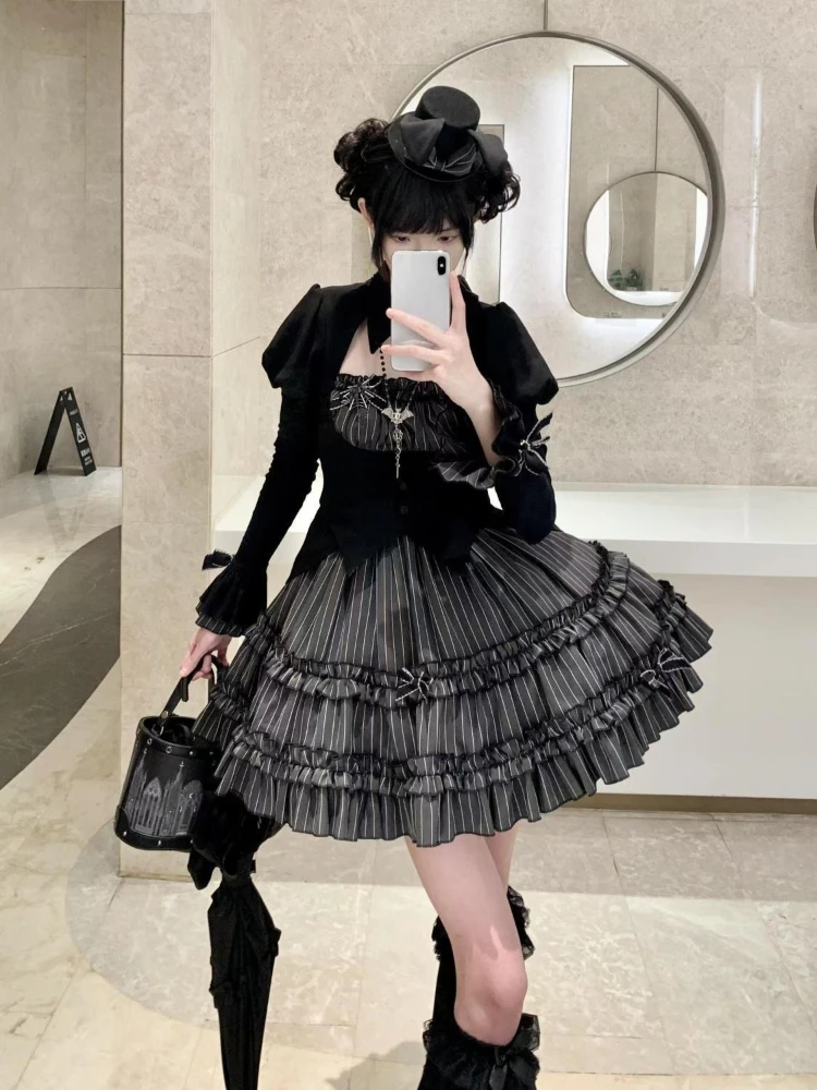 

Gothic Y2k Academia Lolita 2 Piece Set Women Fake Two-piece Tops + Striped Fluffy Skirt New Japanese Vintage Sweet Slim Outfits