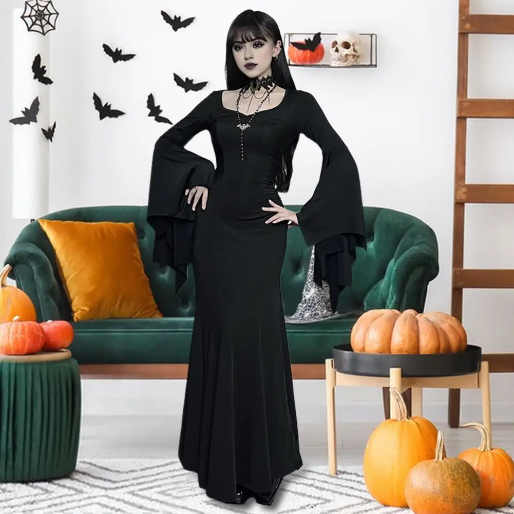 

Round Neck Dress Gothic Halloween Maxi Dress with Fish Tail Hem Bat Sleeves Women's Slim Fit Cosplay Performance for Parties