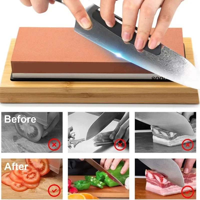 JUSTINLAU 400/1000 3000/8000 Mesh Professional Knife Sharpening Stone Kit Non-slip Bamboo Base Double-side Knife Whetstone Tools