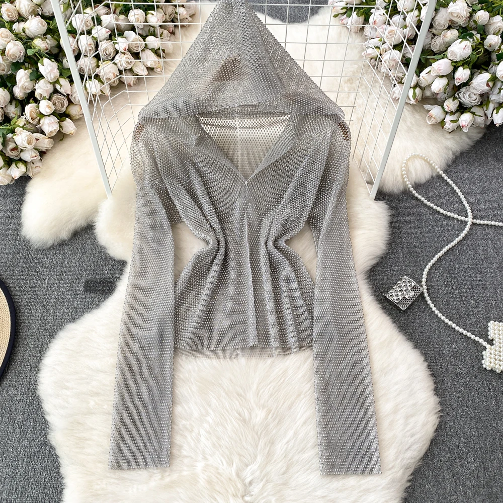 2024 Diamonds Mesh T Shirt For Women Sexy Rhinestone See Through Fishnet Long sleeved Hooded Top Rave Festival Crop Top summer