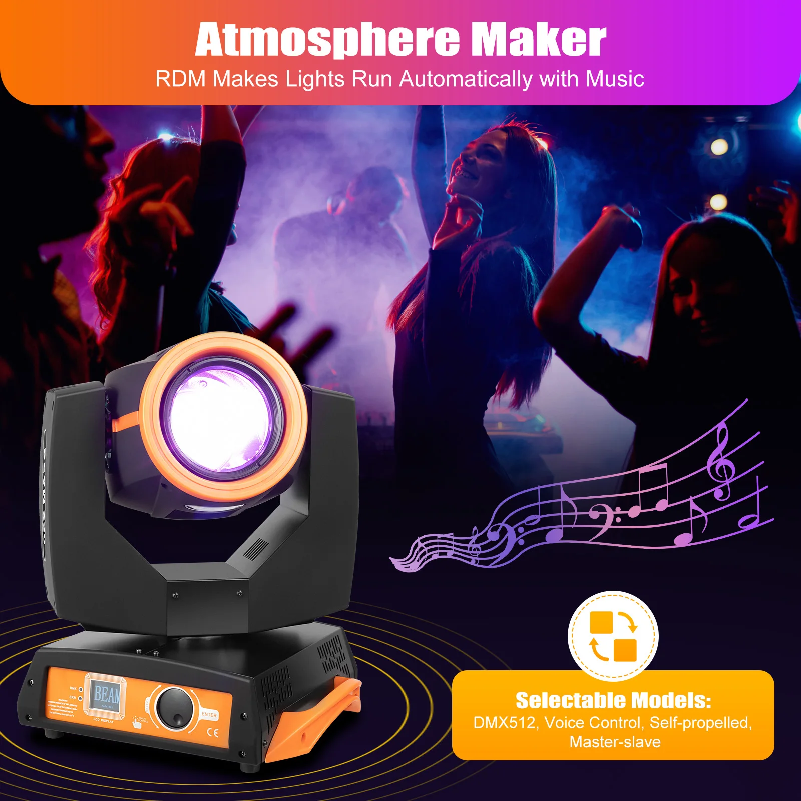 Moving Head Stage Light Black and Orange ABS 16 Channel Voice Control 300W Head Stage Light