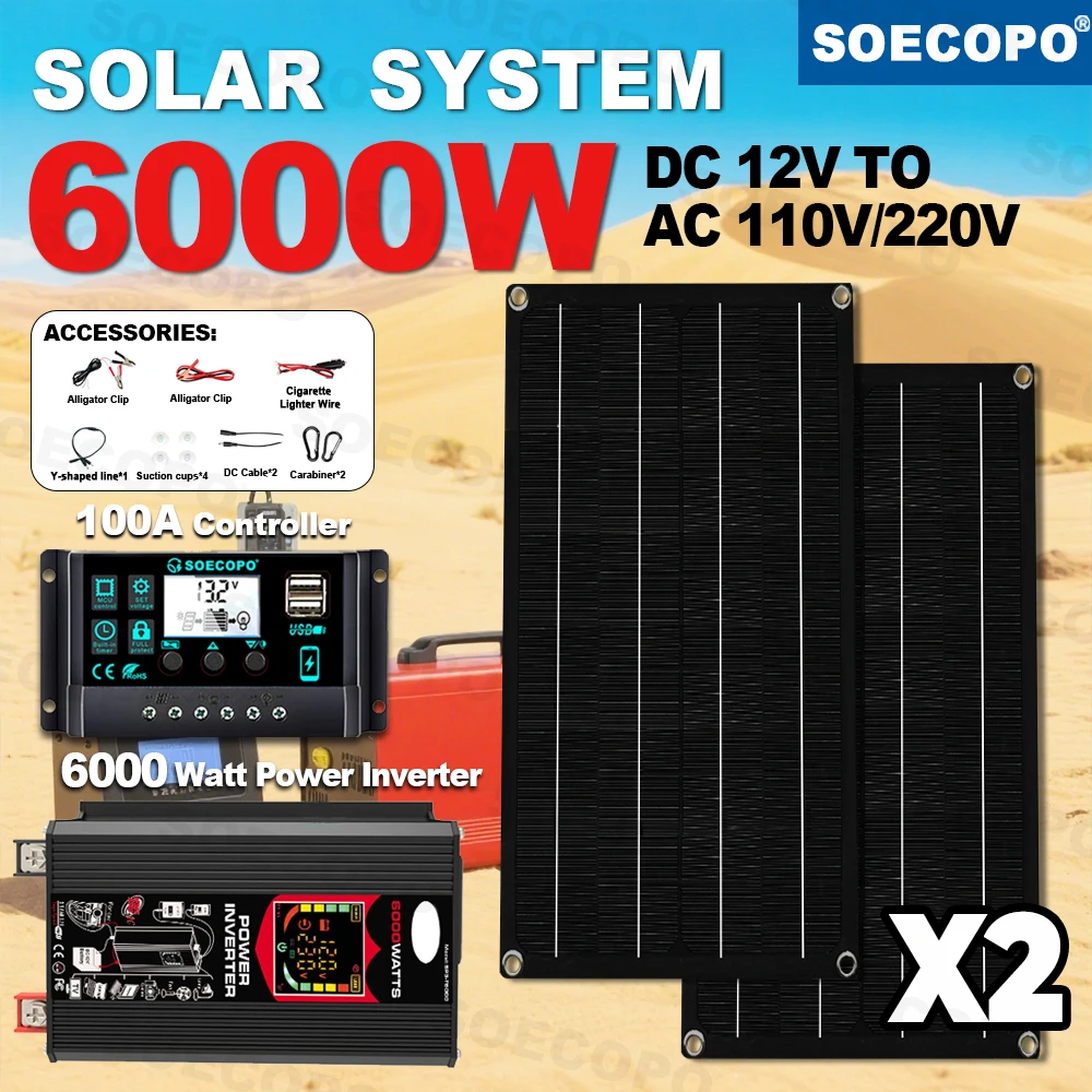 

Portable Solar System Panels Kit 2*800W 6000W Peak Power DC 12V To AC 110V/220V with 100A Controller for Home Camping Car Use