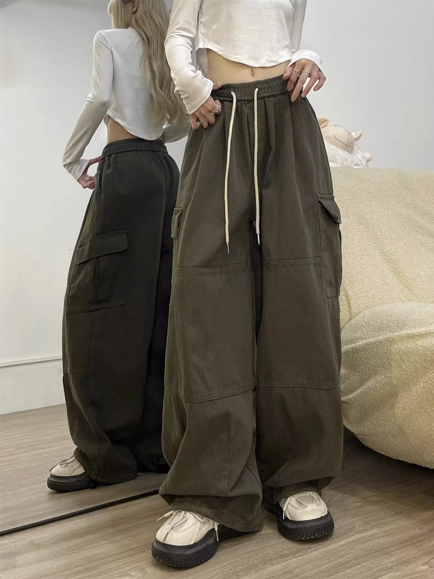 Cargo Pants Women Solid Color Japanese Loose Thin Straight Wide-leg High Waist Trousers High Street Basics Casual Pants Female