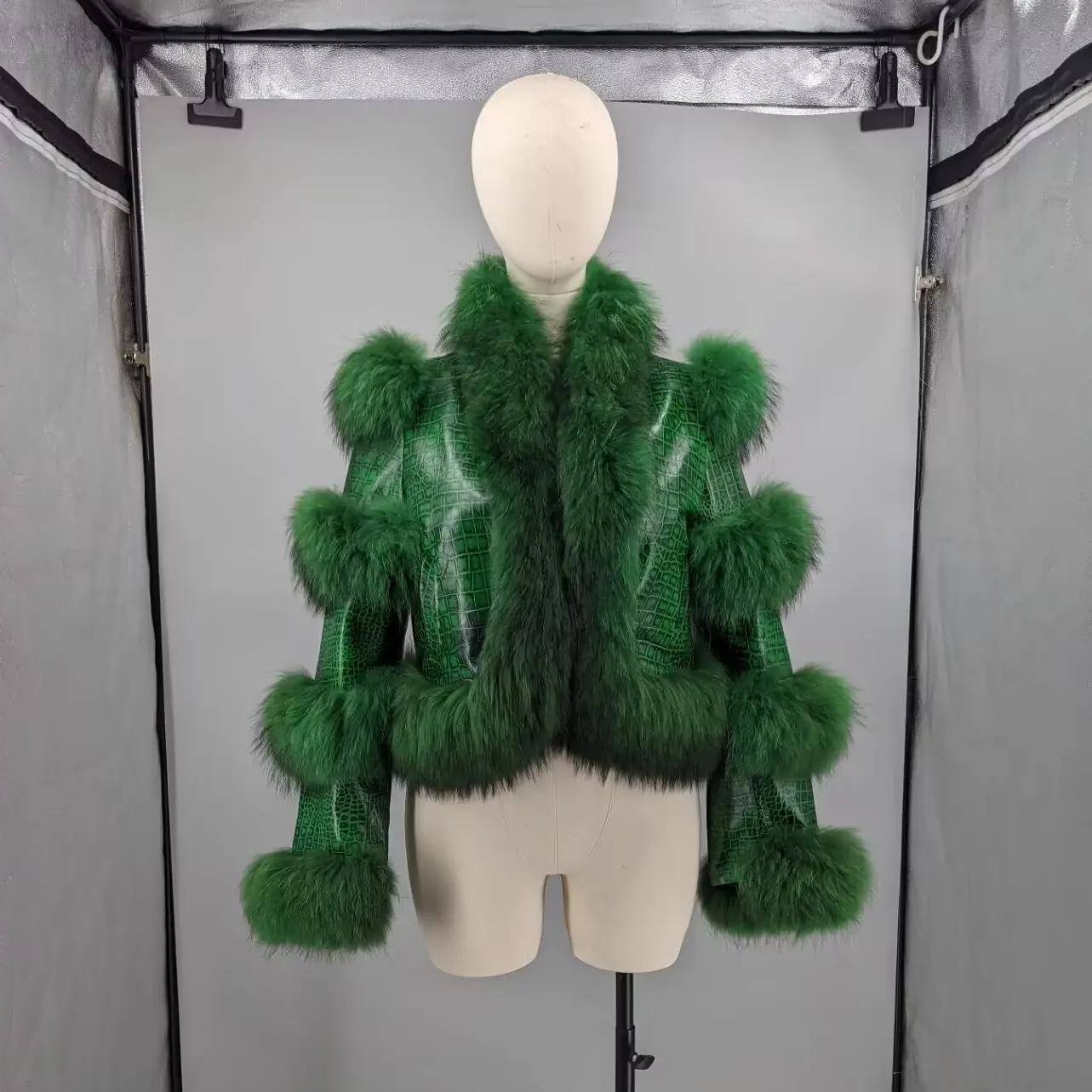 Women Emerald Green Snake Print Real Sheepskin Moto Jacket Short Real Fox Fur Trim Collar Front Cuff Diagonal Zip Winter Leather