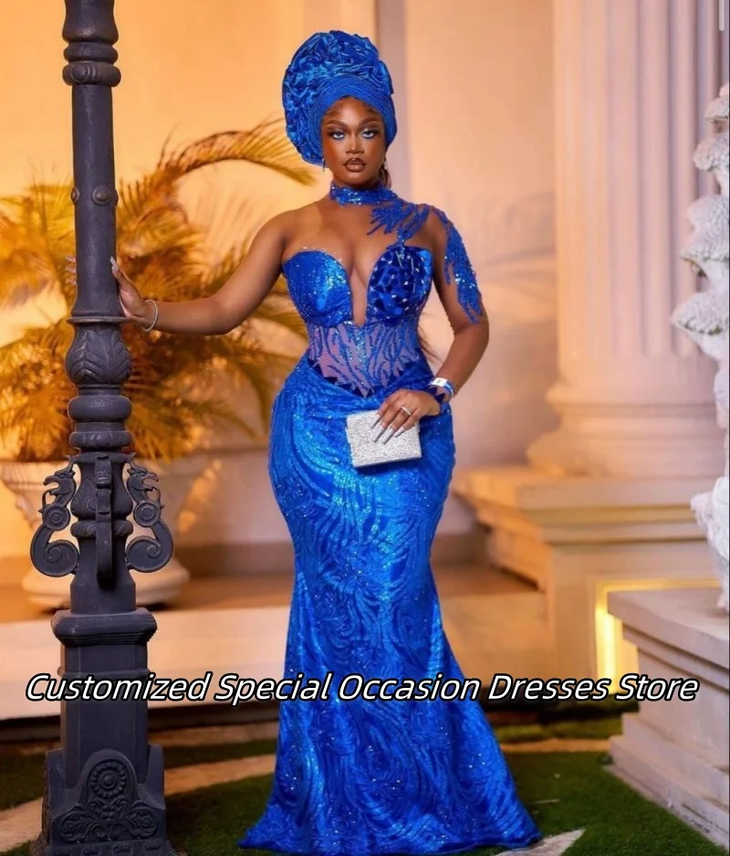 Vestidos de Noche de un hombro para mujer, color azul real, Aso Ebi, vestido largo de sirena para graduación, vestidos de fiesta de boda con taladro de cristal personalizados