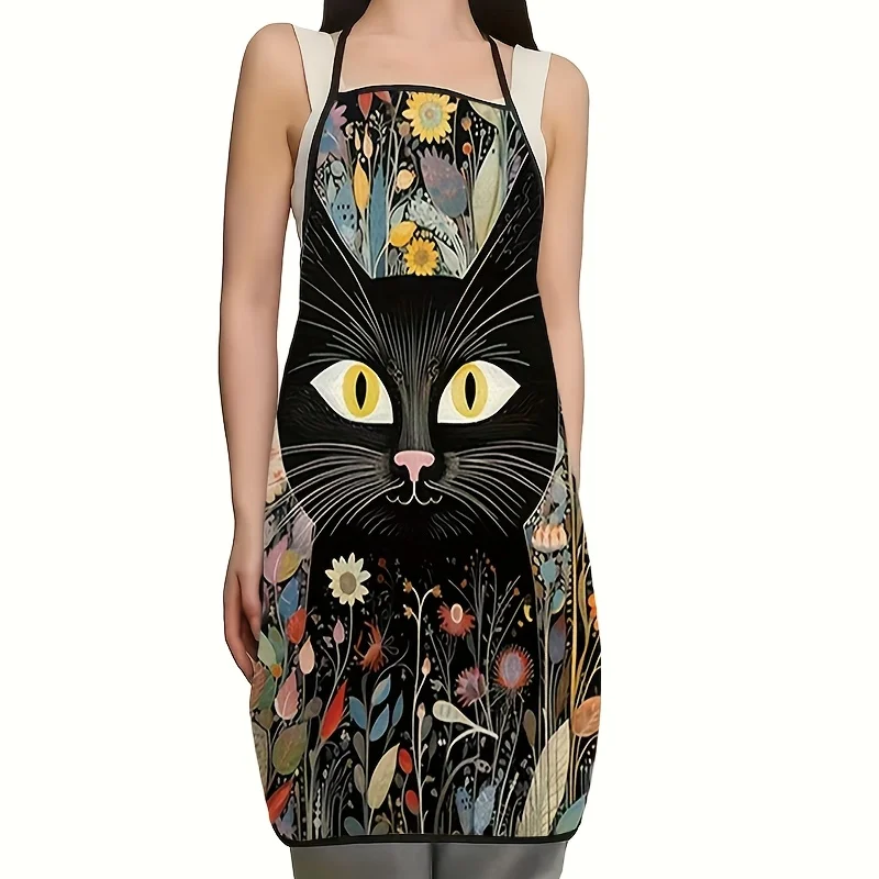 Artistic Black Cat Bright Wildflower Leaf Pattern Waterproof Apron For Family Baking Grilling Pet Cat Owner Home Party Present