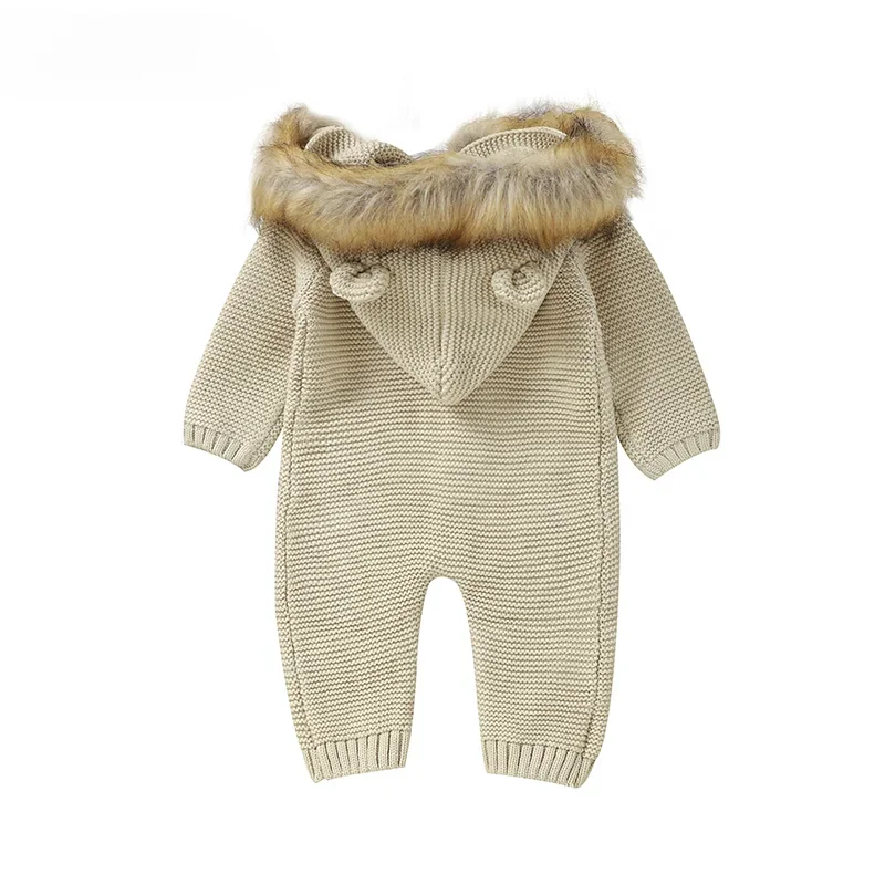 One Piece Toddler Unisex Outfit Winter Warm Baby Rompers with Hood Long Sleeve Knit Newborn Boys Girls Camel Jumpsuits Playsuits